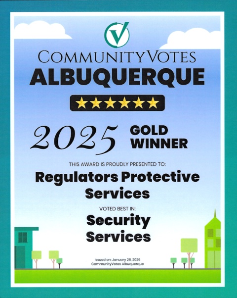 Regulators Protective Services' CommunityVotes Albuquerque Gold Winner certificate for Security Services, 2025.